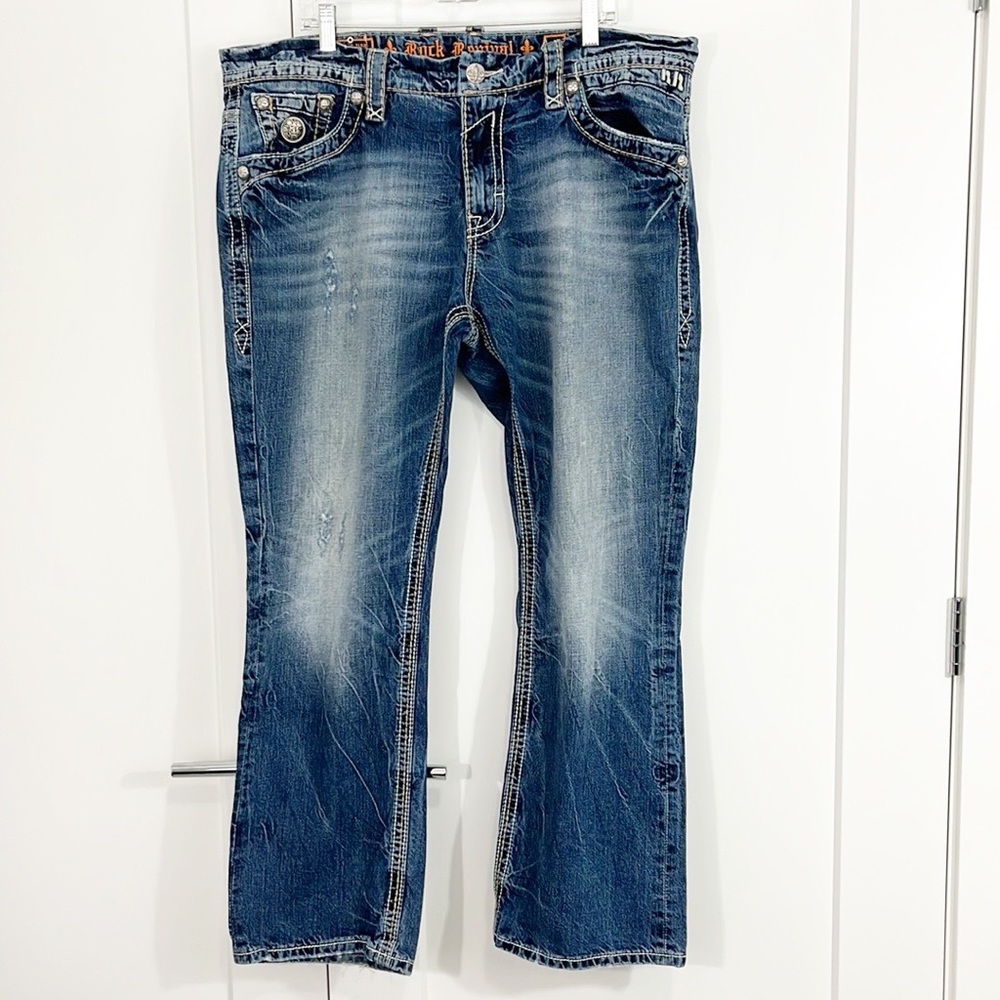 Rock Revival Size 40 Andre Straight Distressed Embellished Embroidered Jeans
